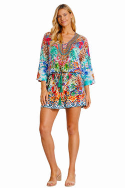 Wholesale vibrant multicolor print long-sleeve V-neck tunic mini dress with drawstring waist for resort boutiques - La Moda Clothing