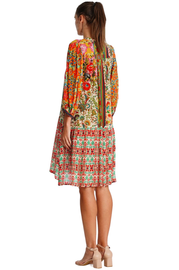 Wholesale orange green and multicolor print V-neck band collar long-sleeve shirt dress for resort boutiques - La Moda Clothing