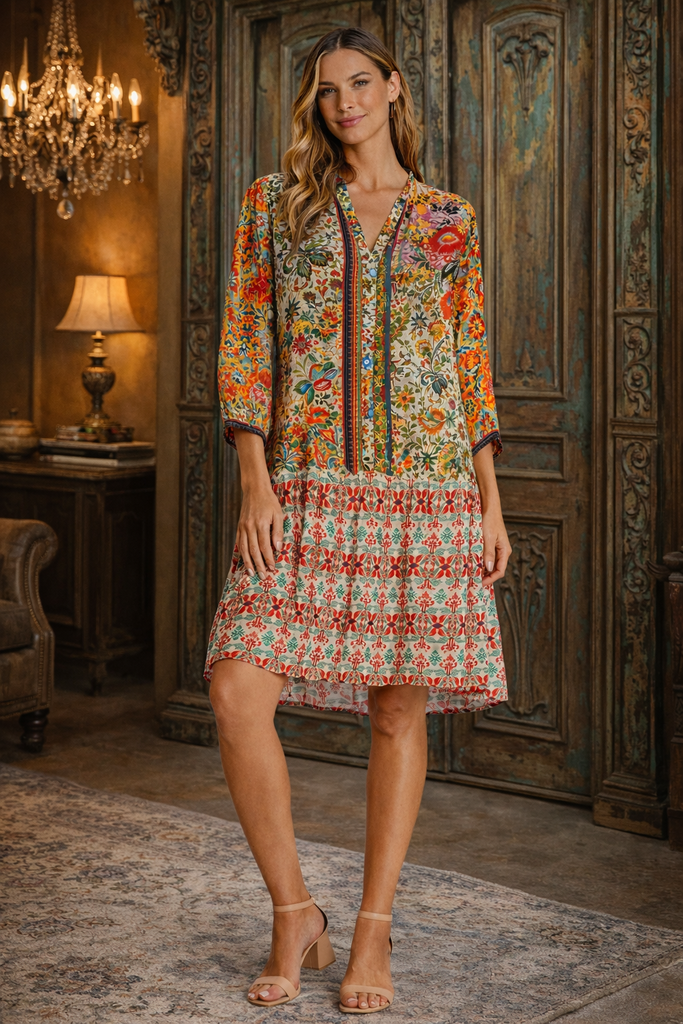 Wholesale orange green and multicolor print V-neck band collar long-sleeve shirt dress for resort boutiques - La Moda Clothing