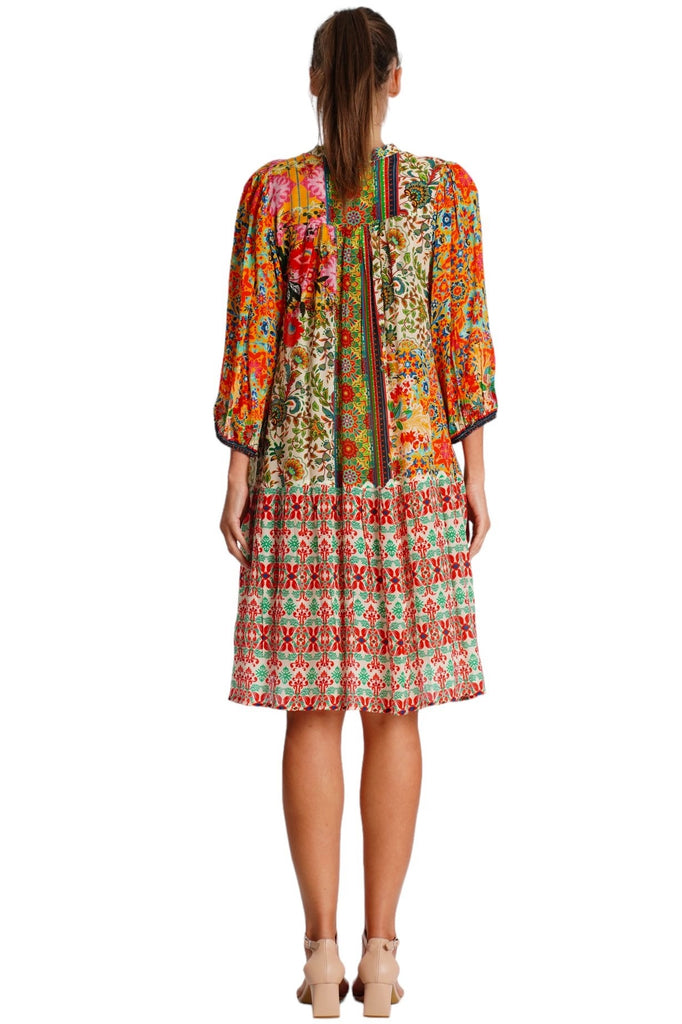 Wholesale orange green and multicolor print V-neck band collar long-sleeve shirt dress for resort boutiques - La Moda Clothing