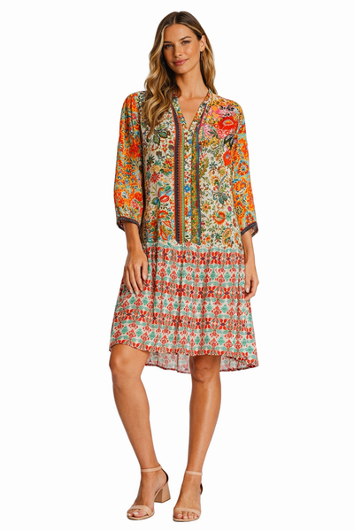 Wholesale orange green and multicolor print V-neck band collar long-sleeve shirt dress for resort boutiques - La Moda Clothing
