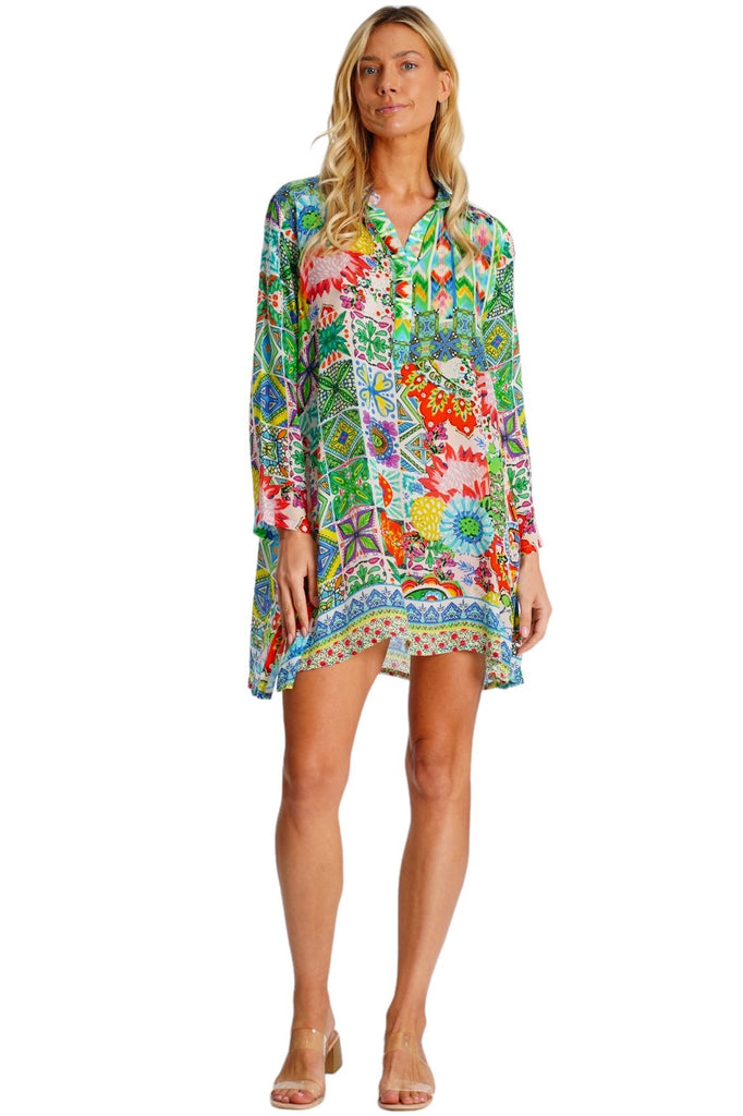 Wholesale multicolor patchwork print V-neck collar long-sleeve beach cover-up tunic dress - La Moda Clothing