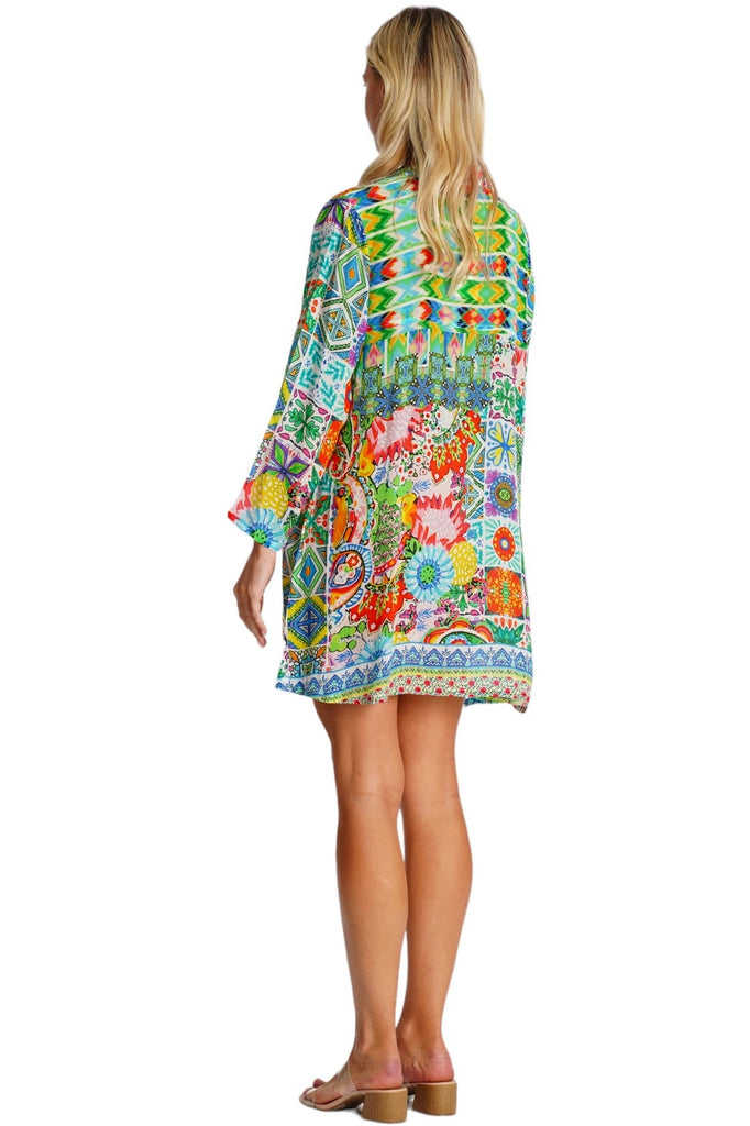 Wholesale multicolor patchwork print V-neck collar long-sleeve beach cover-up tunic dress - La Moda Clothing