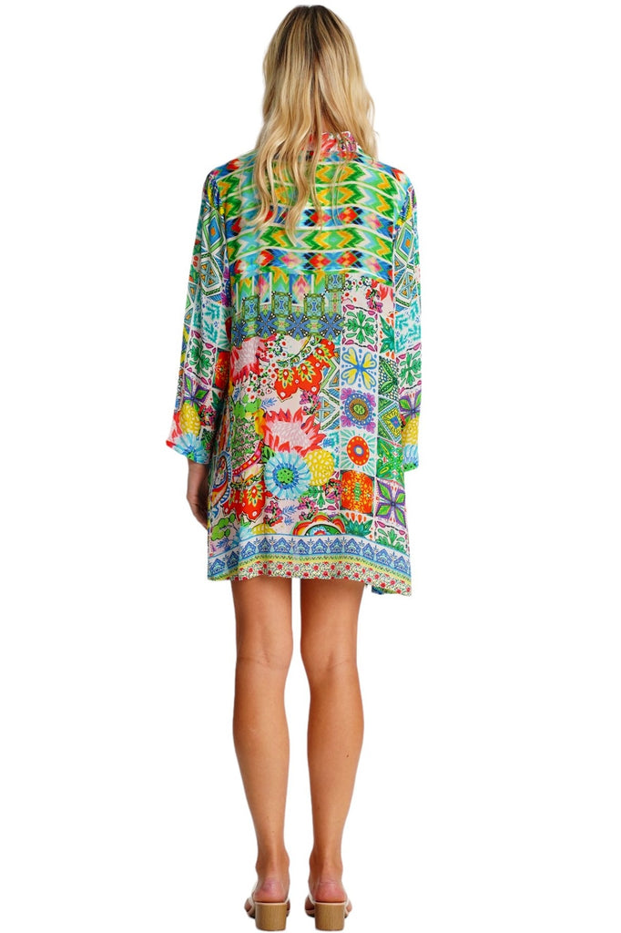 Wholesale multicolor patchwork print V-neck collar long-sleeve beach cover-up tunic dress - La Moda Clothing