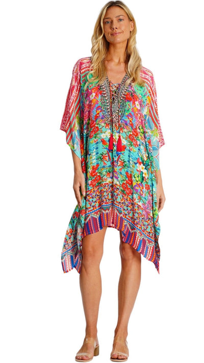 Wholesale vivid multicolor animal print kaftan cover-up front view - La Moda Clothing B2B resort wear boutique supplier SKU 25038 RK