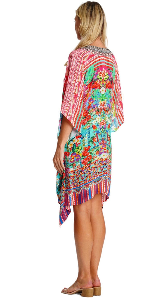 Wholesale vivid multicolor animal print kaftan cover-up side view - La Moda Clothing B2B resort wear boutique supplier SKU 25038 RK