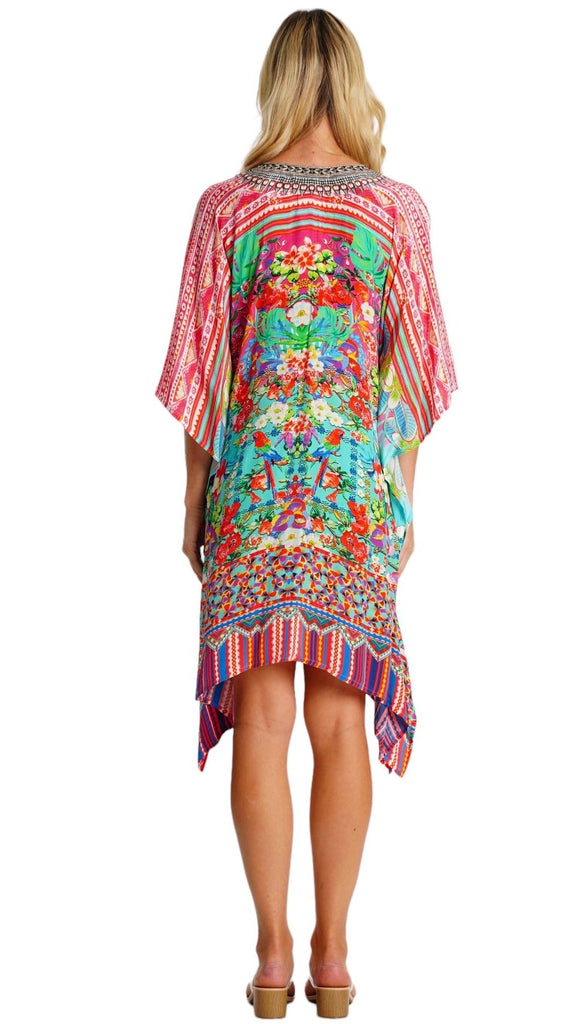 Wholesale vivid multicolor animal print kaftan cover-up back view - La Moda Clothing B2B resort wear boutique supplier SKU 25038 RK