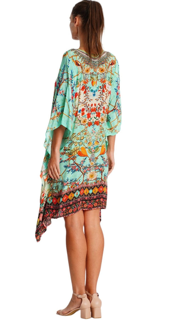Wholesale teal animal print kaftan dress back view - La Moda Clothing B2B resort wear boutique supplier SKU 25039 RK