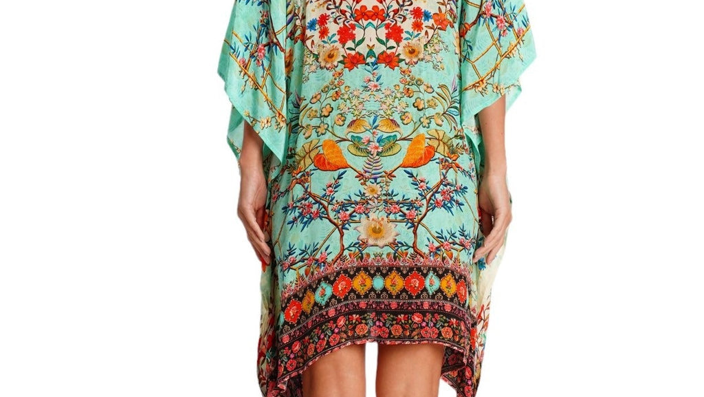 Wholesale teal animal print kaftan dress back detail view - La Moda Clothing B2B resort wear boutique supplier SKU 25039 RK