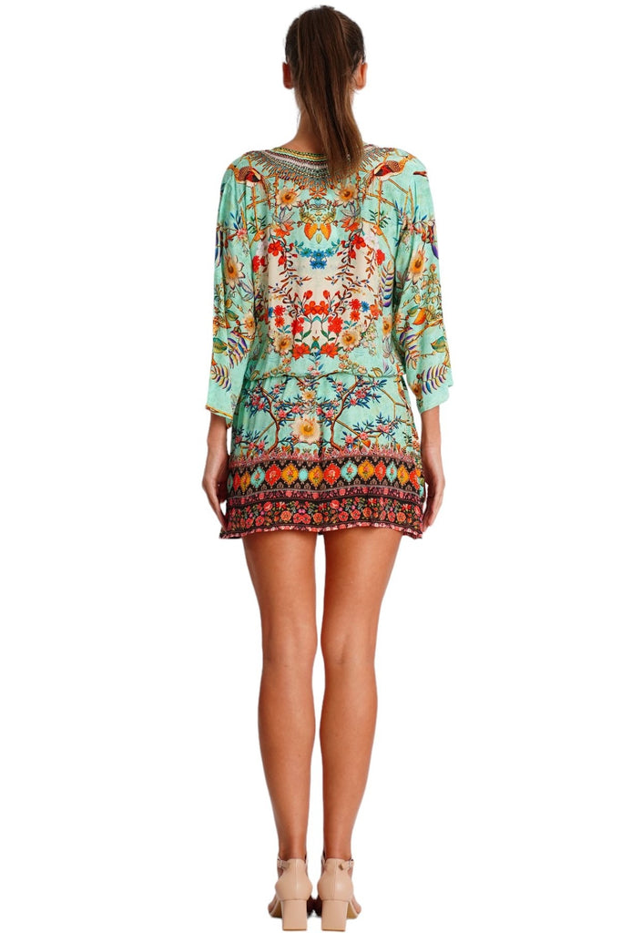 Wholesale turquoise mint and coral border print V-neck tunic mini dress with 3/4 sleeves for resort boutiques - La Moda Clothing