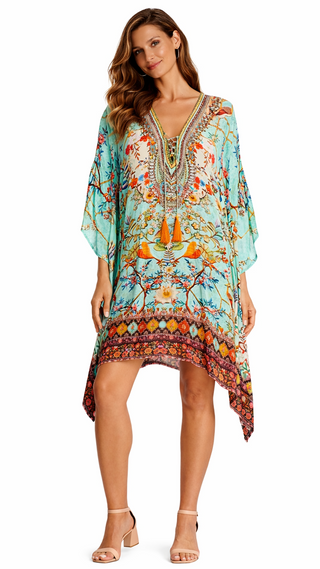 Wholesale teal animal print kaftan dress front view - La Moda Clothing B2B resort wear boutique supplier SKU 25039 RK