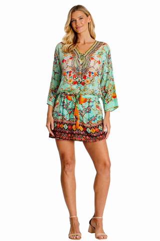 Wholesale turquoise mint and coral border print V-neck tunic mini dress with 3/4 sleeves for resort boutiques - La Moda Clothing
