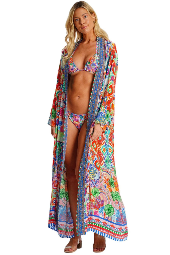 Wholesale multicolor printed long kimono cape beach cover-up with wide sleeves - La Moda Clothing
