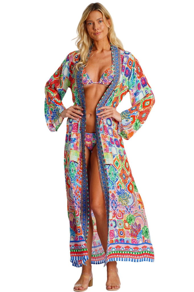 Wholesale multicolor printed long kimono cape beach cover-up with wide sleeves - La Moda Clothing