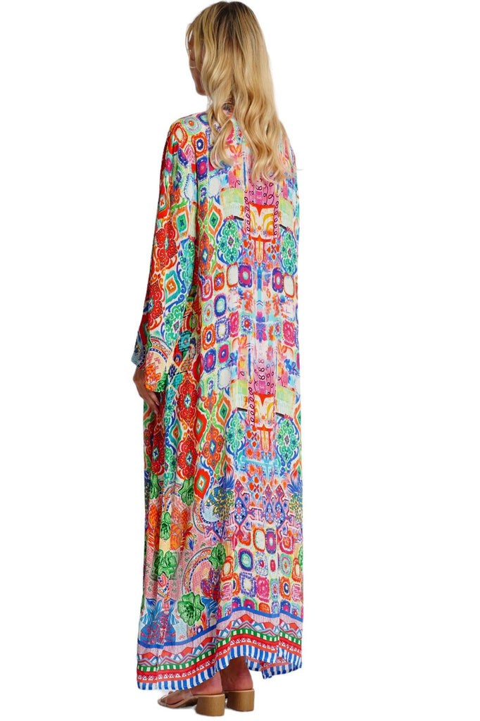 Wholesale multicolor printed long kimono cape beach cover-up with wide sleeves - La Moda Clothing