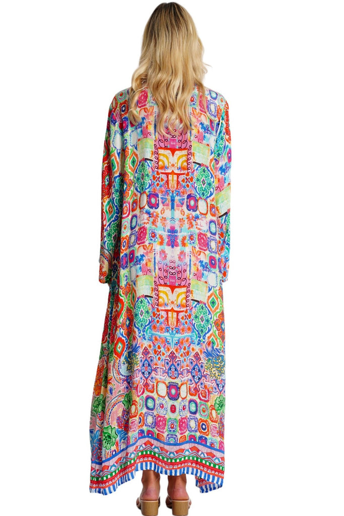 Wholesale multicolor printed long kimono cape beach cover-up with wide sleeves - La Moda Clothing