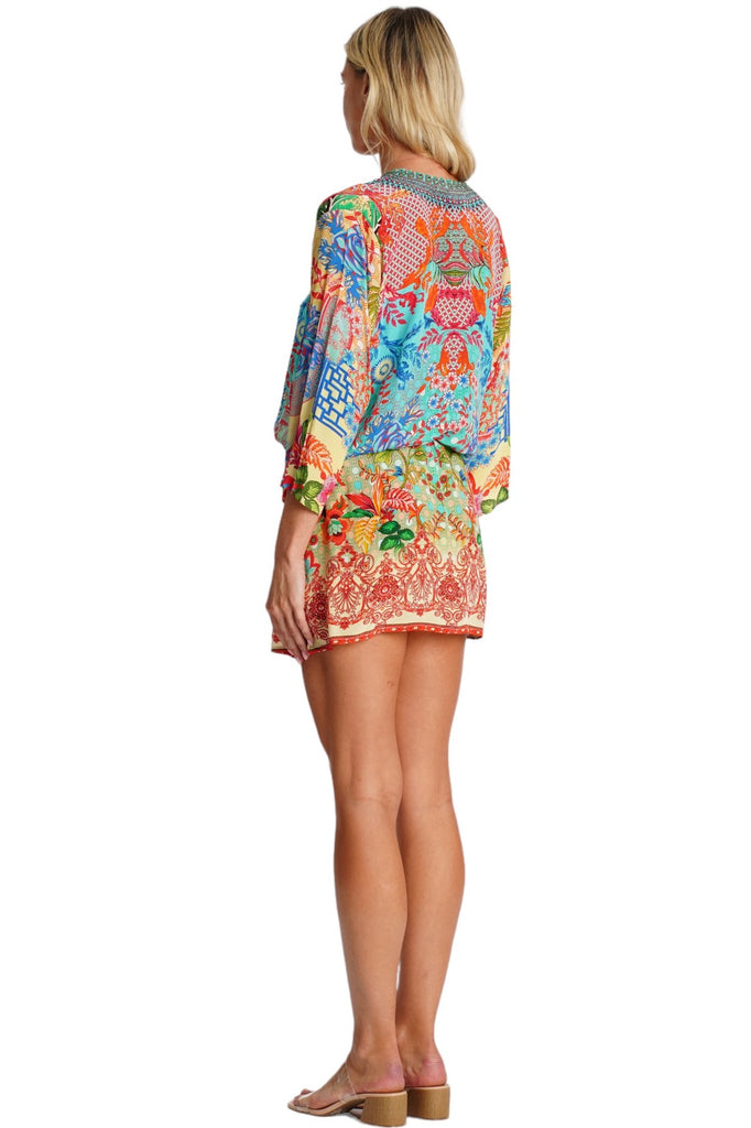 Wholesale blue orange and pink print V-neck tunic mini dress with 3/4 sleeves and drawstring waist - La Moda Clothing