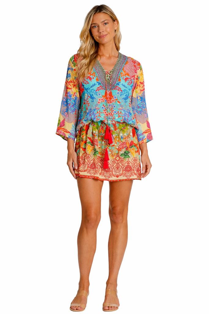 Wholesale blue orange and pink print V-neck tunic mini dress with 3/4 sleeves and drawstring waist - La Moda Clothing
