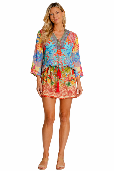 Wholesale blue orange and pink print V-neck tunic mini dress with 3/4 sleeves and drawstring waist - La Moda Clothing