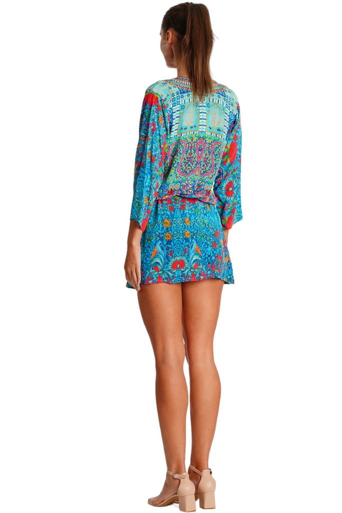 Wholesale royal blue and turquoise print V-neck tunic mini dress with 3/4 sleeves for resort boutiques - La Moda Clothing