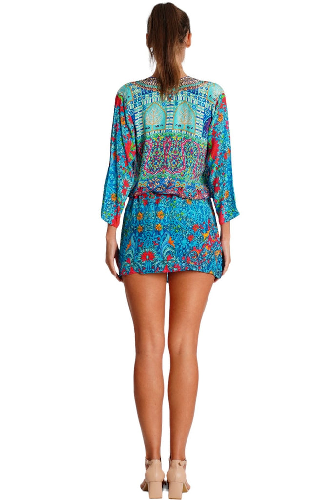 Wholesale royal blue and turquoise print V-neck tunic mini dress with 3/4 sleeves for resort boutiques - La Moda Clothing