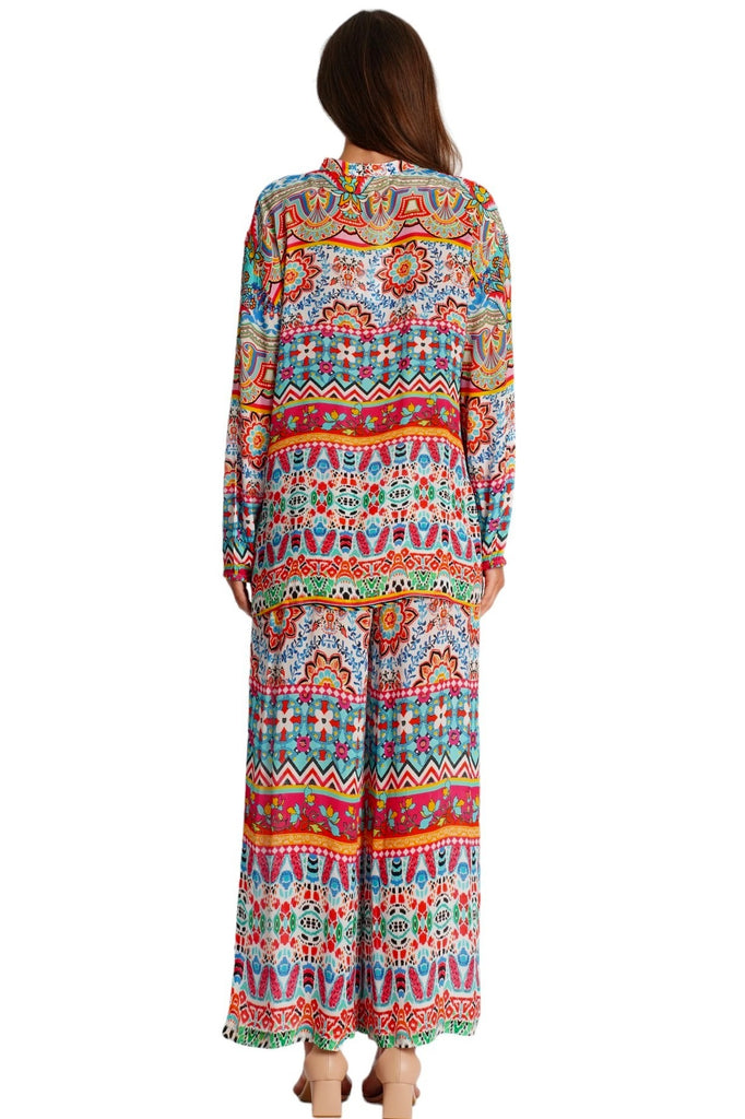Wholesale multicolor printed coord set with long-sleeve tunic top and wide-leg pants for resort boutiques - La Moda Clothing