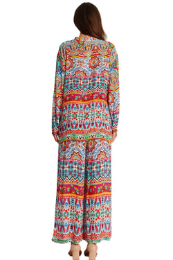 Wholesale multicolor printed coord set with long-sleeve tunic top and wide-leg pants for resort boutiques - La Moda Clothing