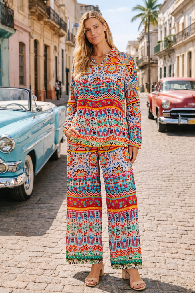 Wholesale multicolor printed coord set with long-sleeve tunic top and wide-leg pants for resort boutiques - La Moda Clothing
