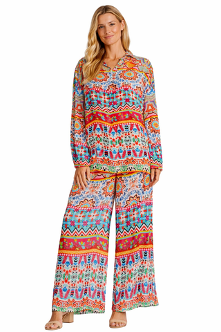 Wholesale multicolor printed coord set with long-sleeve tunic top and wide-leg pants for resort boutiques - La Moda Clothing