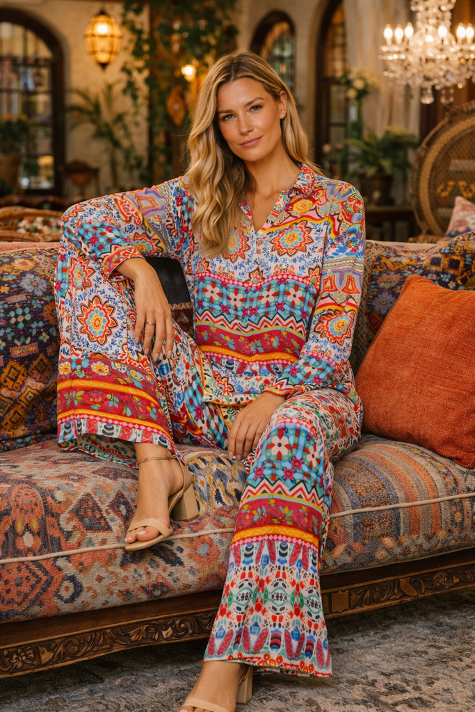 Wholesale multicolor printed coord set with long-sleeve tunic top and wide-leg pants for resort boutiques - La Moda Clothing