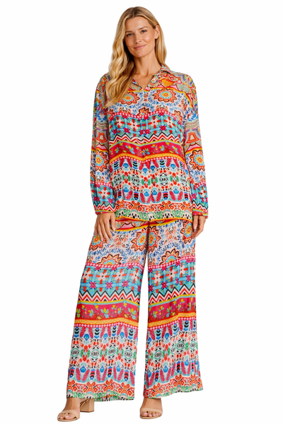Wholesale multicolor printed coord set with long-sleeve tunic top and wide-leg pants for resort boutiques - La Moda Clothing