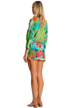 Wholesale tropical turquoise green and pink floral V-neck tunic mini dress with 3/4 sleeves for resort boutiques - La Moda Clothing