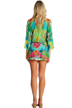 Wholesale tropical turquoise green and pink floral V-neck tunic mini dress with 3/4 sleeves for resort boutiques - La Moda Clothing