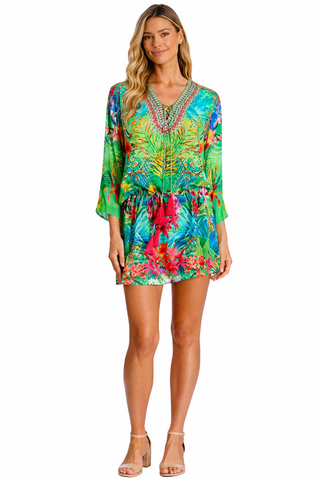 Wholesale tropical turquoise green and pink floral V-neck tunic mini dress with 3/4 sleeves for resort boutiques - La Moda Clothing