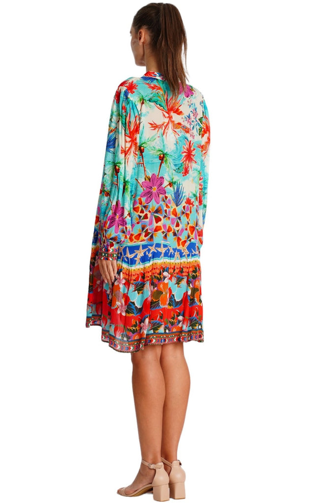 Wholesale turquoise coral and pink tropical floral V-neck long-sleeve mini dress with ruffled hem - La Moda Clothing