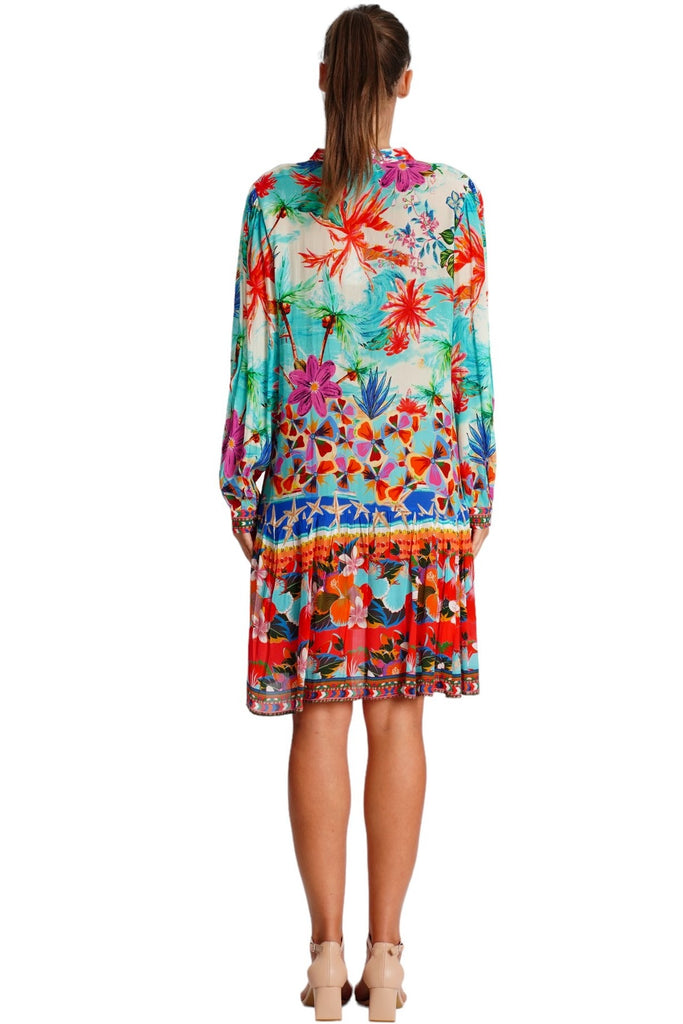 Wholesale turquoise coral and pink tropical floral V-neck long-sleeve mini dress with ruffled hem - La Moda Clothing