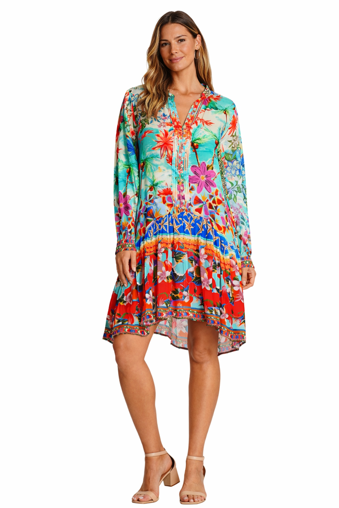 Wholesale turquoise coral and pink tropical floral V-neck long-sleeve mini dress with ruffled hem - La Moda Clothing