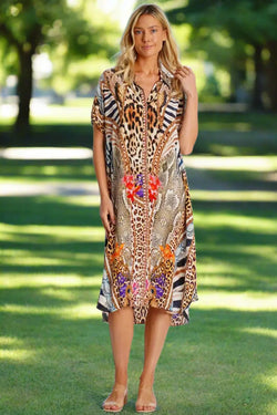 Mixed Animal Pattern Shirt Dress  La Moda Clothing