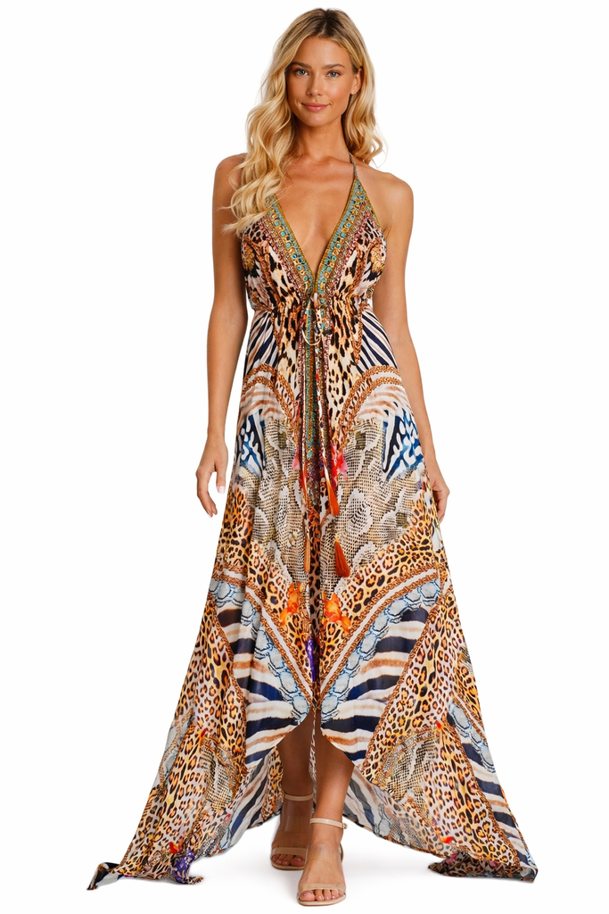 floral halter high low dress MissJophiel Halter High Neck Floral Print Chiffon High Low Dress Lavender Floral / High Low / US10