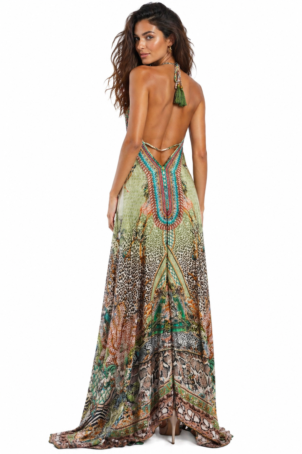 Green Abstract Halter Maxi Dress | Boho Resort Wear