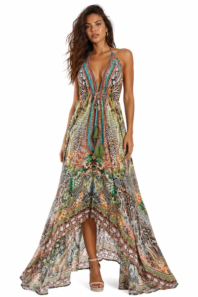 Green Abstract Halter Maxi Dress | Boho Resort Wear | La Moda Green Abstract Halter Maxi Dress | Boho Resort Wear | La Moda