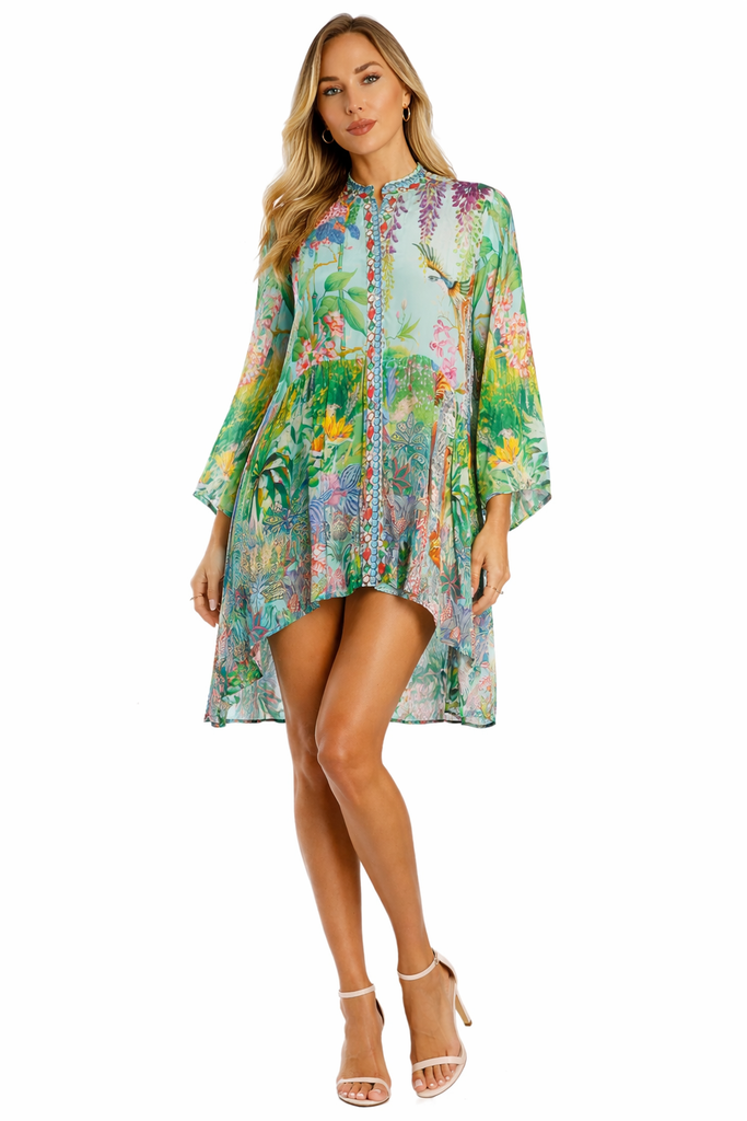 Mint Green tropical botanical forest scene with butterflies and pink fl Beach Cover-Up — front view | Wholesale resort wea...