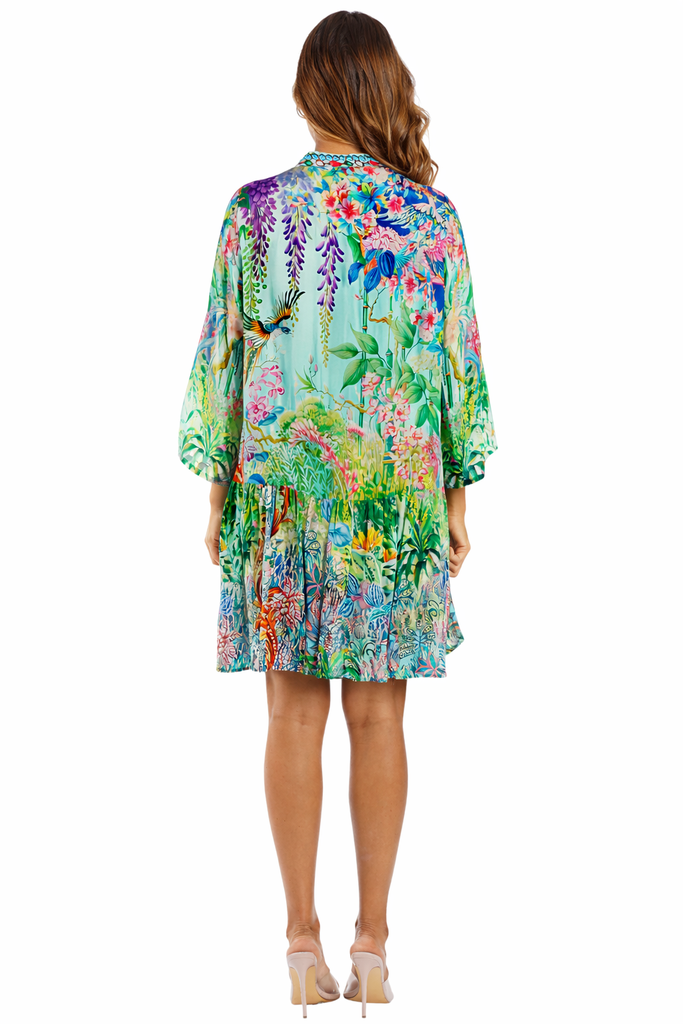 Mint Green tropical botanical forest scene with butterflies and pink fl Beach Cover-Up — side detail | Bulk B2B resort wea...