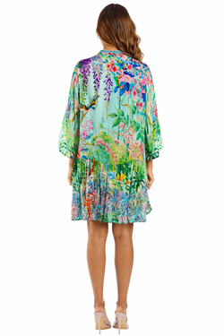 Mint Green tropical botanical forest scene with butterflies and pink fl Beach Cover-Up — side detail | Bulk B2B resort wea...