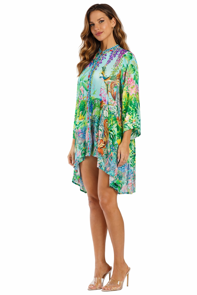 Mint Green tropical botanical forest scene with butterflies and pink fl Beach Cover-Up — back view | Caribbean boutique wh...