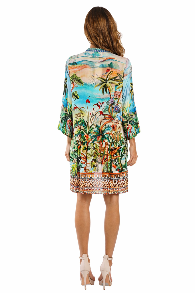 Turquoise tropical palm-tree scenery with leopard print panels Beach Cover-Up — side detail | Bulk B2B resort wear prepack...