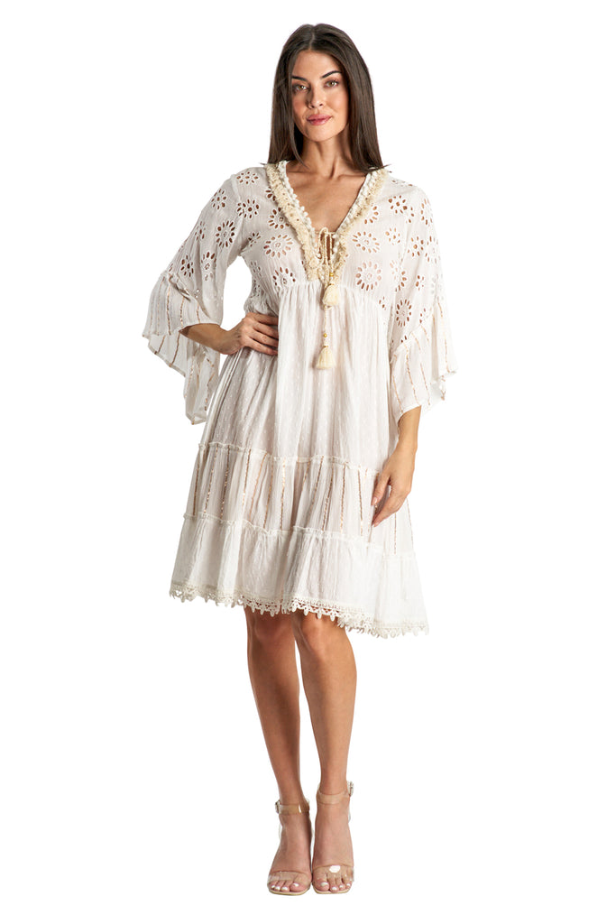 3/4 Sleeve Eyelet Resort Dress in White - La Moda Clothing