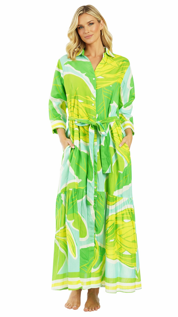 dress for vacation in tropical Green Tropical Maxi Shirt Dress – Luxury Resort Wear Vacation Dress