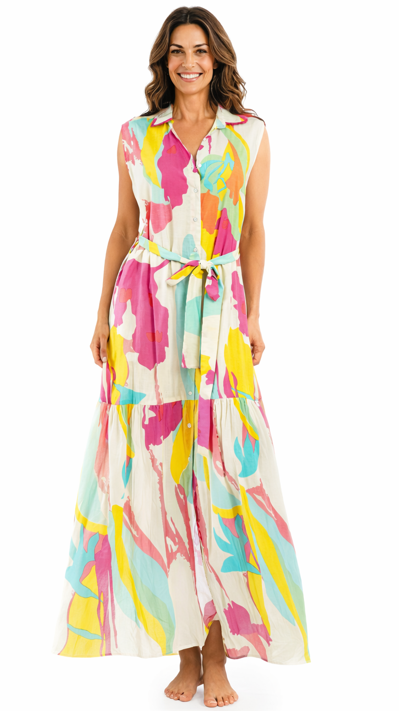 Colorful Sleeveless Maxi Shirt Dress – Luxury Resort Wear Vacation Dress  La Moda Clothing