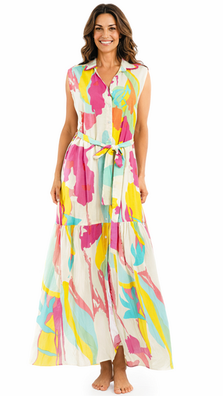 Colorful Sleeveless Maxi Shirt Dress – Luxury Resort Wear Vacation Dress  La Moda Clothing